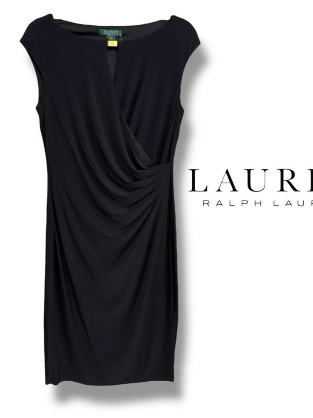 Ralph Lauren Essentials Black Front Overlay Ruched Jersey Dress Size 8